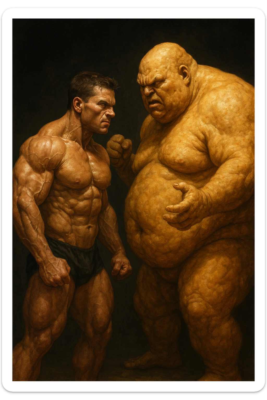 realistic scene of a muscular bodybuilder confronting personified body fat as an adversary, intense atmosphere, detailed natural features, 2:3 aspect ratio sticker