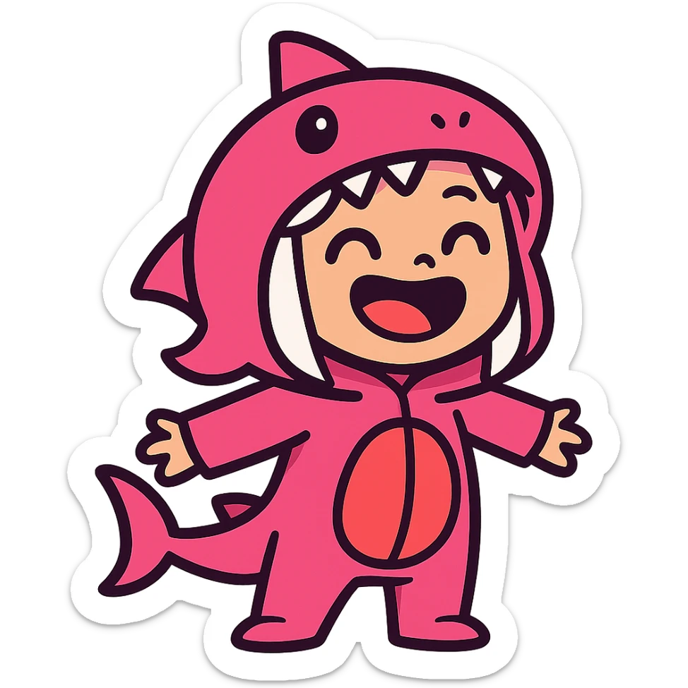 cute cartoon girl with white hair in a pink shark onesie, big happy smile sticker