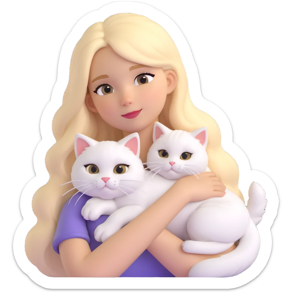 girl with long blonde hair, white fluffy cat lying on her left shoulder and neck, emoji style for Discord and Slack sticker