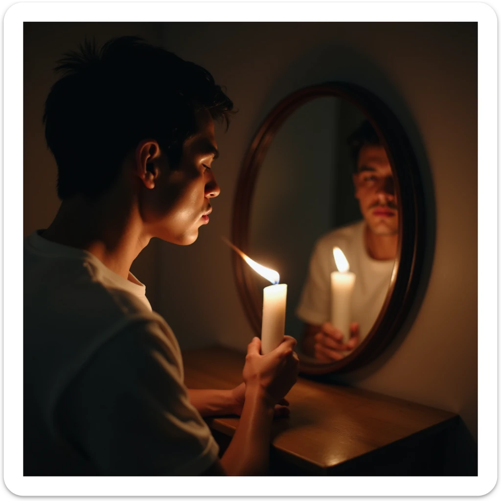 symbolic 4K detailed scene of a man blowing out candles and seeing his reflection in a mirror with a flame (metabolism) fading, symbolic atmosphere sticker