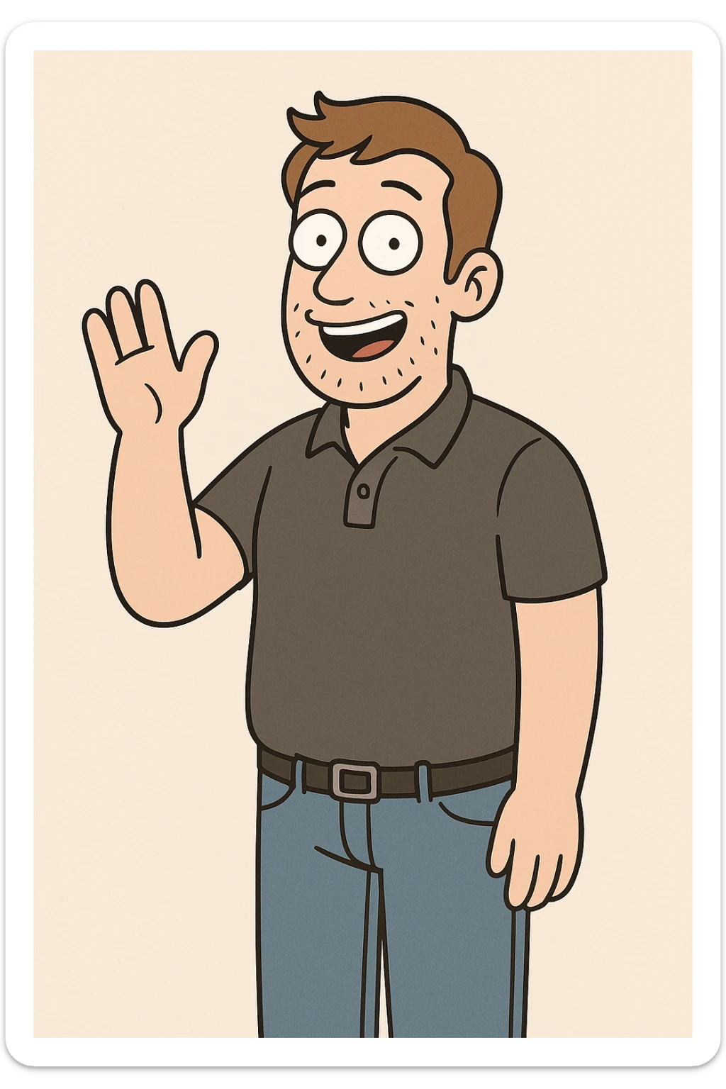 A man and light brown hair Dark Grey Pique Polo Shirt blue jeans hand to say hello sticker