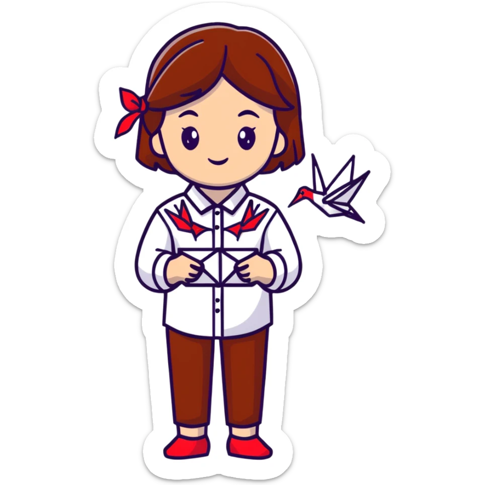 Happy Ukrainian young girl with brown hair in a white embroidered shirt holds an origami red crane sticker