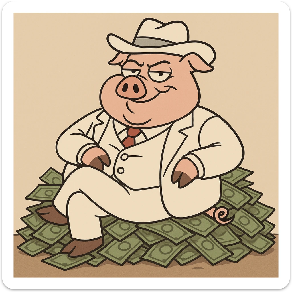 boss hog piggy, sitting on a pile of money, smirking, cartoon style sticker