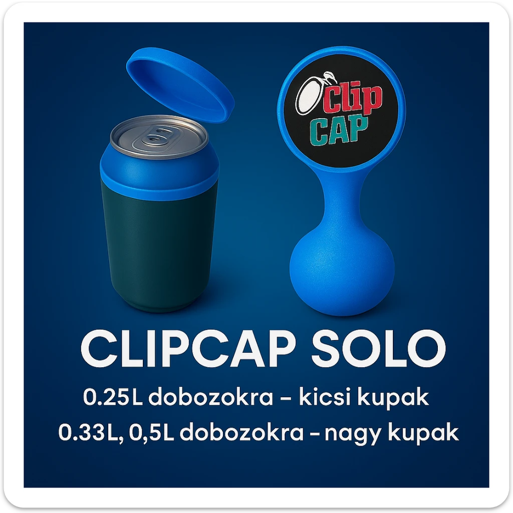 A kupakokat színezd át kékre. A CLIPCAP DUO felírat helyett CLIPCAP SOLO felírat legyen, a "kicsi és nagy kupak a csomagban" szöveg helyett "0.25L dobozokra - kicsi kupak" és a "0.33L,0.5L dobozokra - nagy kupak" külön sorban. A 0.25L, a 0.33L, a 0.5L-t ponttal írd! sticker