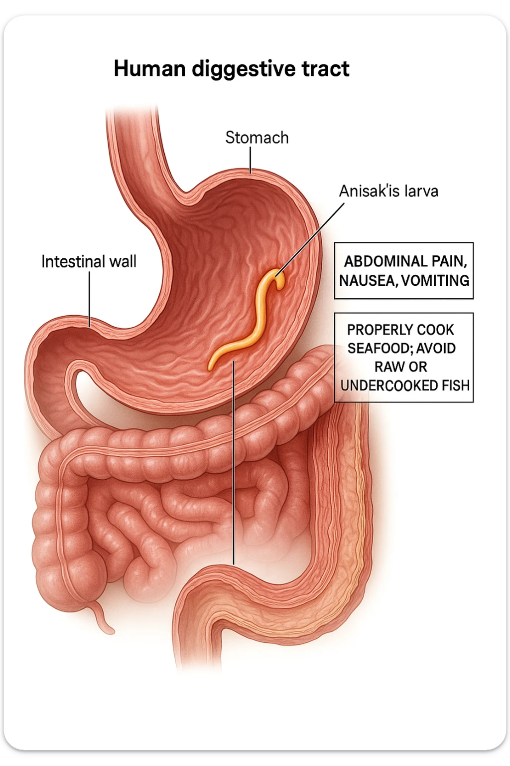 a cutaway view of the human digestive tract, showing an Anisakis larva attached to the stomach or intestinal wall. The parasite is highlighted in color, with surrounding tissue rendered in realistic detail. Educational labels describe symptoms and prevention. sticker