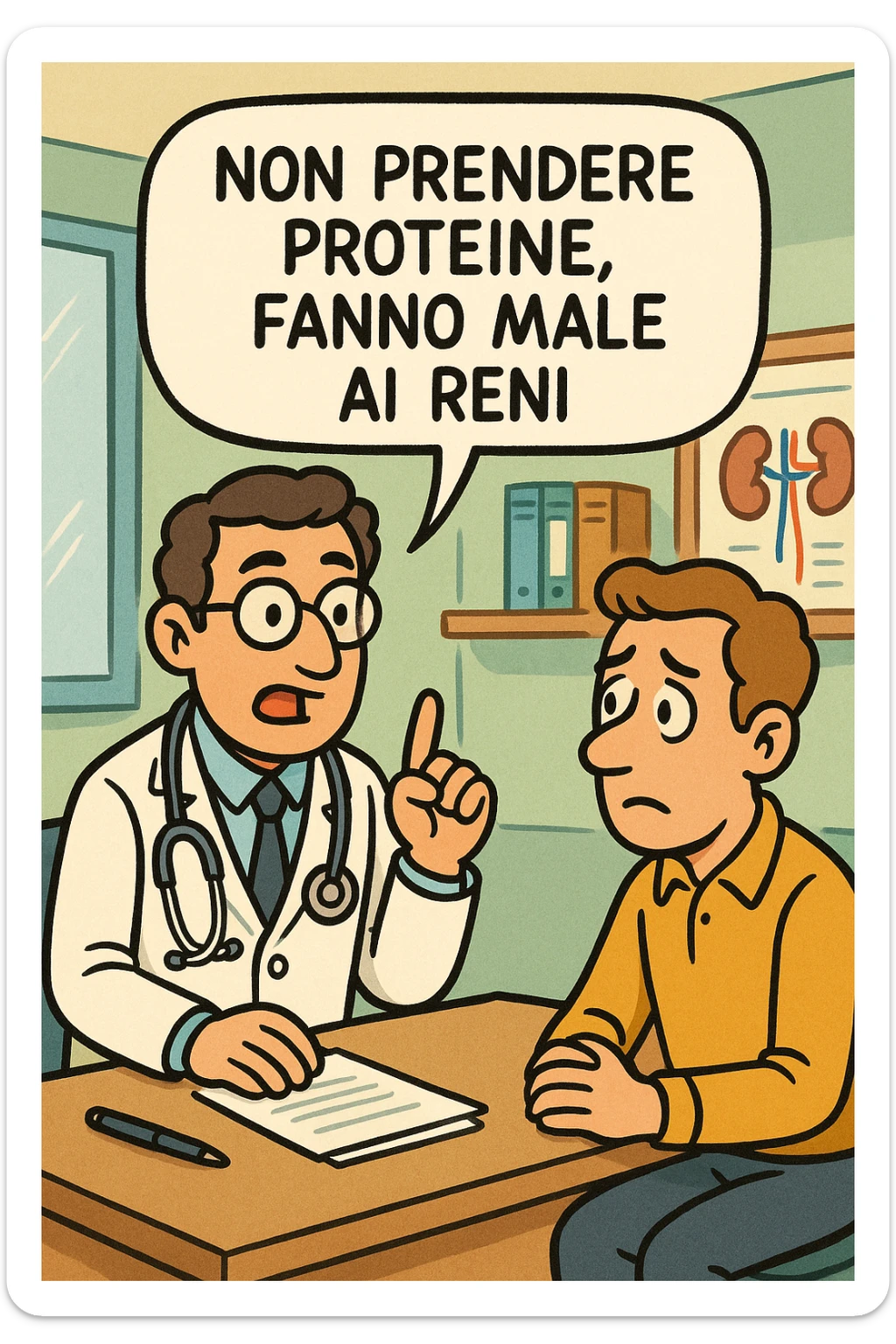 dottore che dice al paziente di non prendere proteine perchè fanno male ai reni in italiano sticker