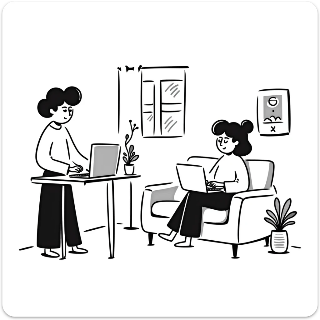 escenary 3d of a cozy mid-century living room with two people working on laptops, one man standing at a desk and one woman sitting on a couch, two walls and floor visible sticker