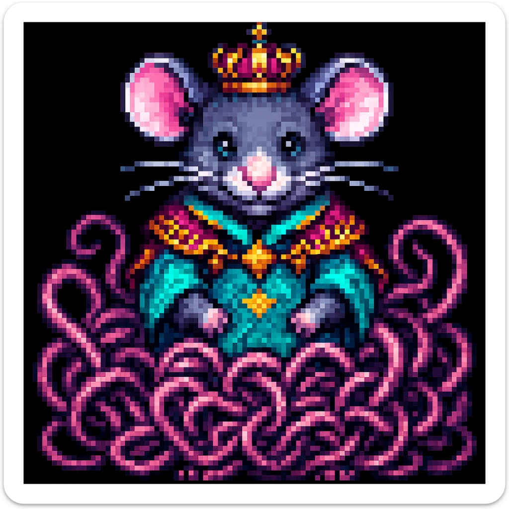 Enhance the image to show more tangled tails among the rats in a pixel art style. Emphasize the pixel art aesthetic with clear, blocky pixels and vibrant colors typical of pixel art. Increase the complexity and visibility of the tails to appear more intertwined and tangled, while maintaining the pixel art style. sticker
