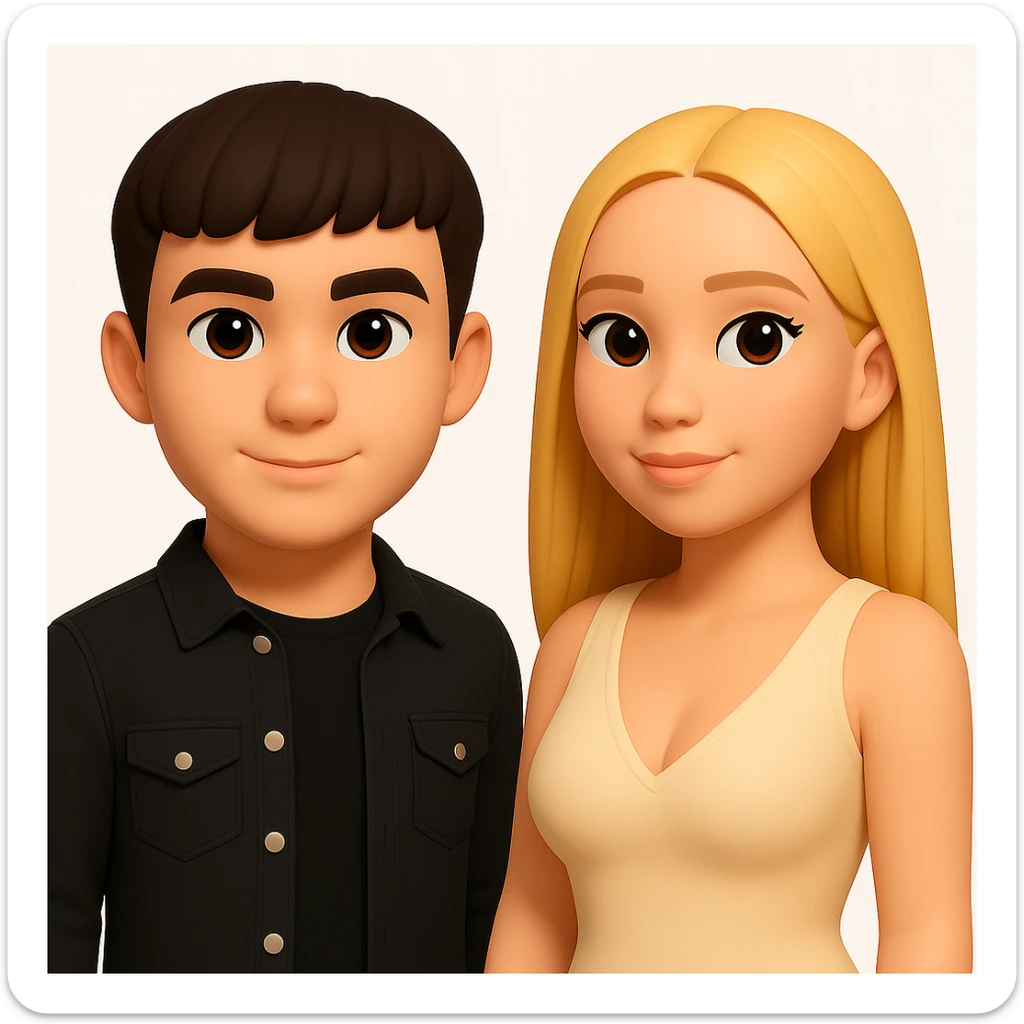 In the style of 3D Emoji, slightly increase the volume of the upper body of the girl, separate the girl and the boy from each other, and make the skin color the same for both characters. sticker