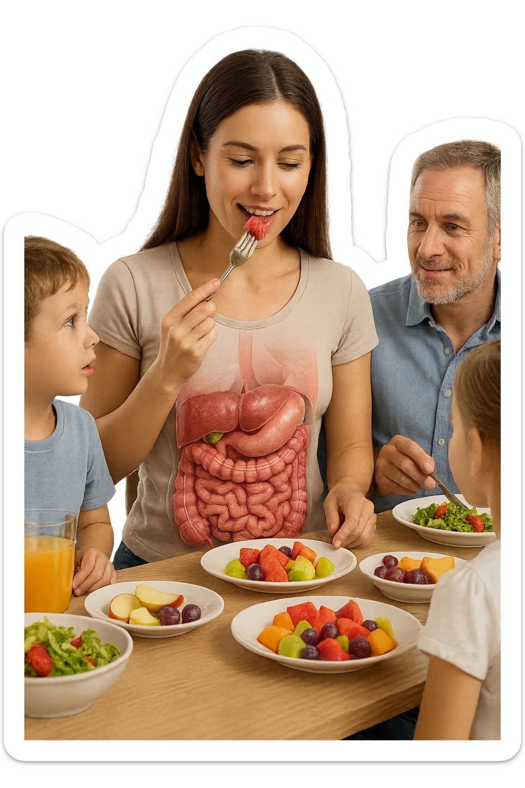 donna seduta a pranzo con la sua famiglia che mangia la frutta con intestino anatomico, iperrealistiche 4k sticker