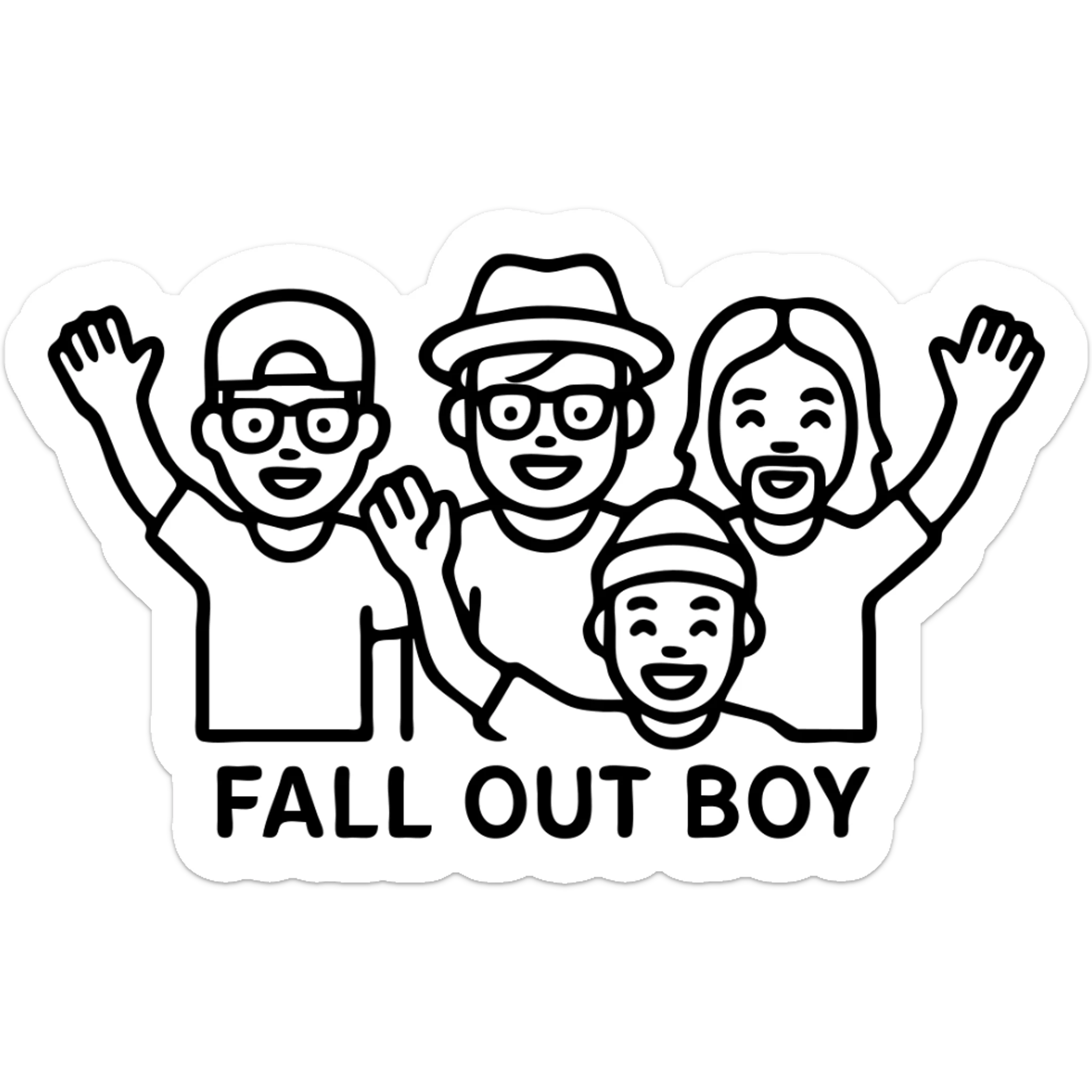 cartoon icons of the band Fall Out Boy, each member with their signature look, energetic and fun, suitable for music fans sticker