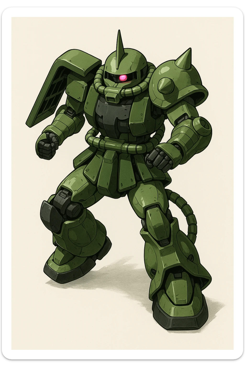 Zaku robot, military mecha, green armor, mono-eye, iconic head spike, dynamic pose, clean background, no text sticker
