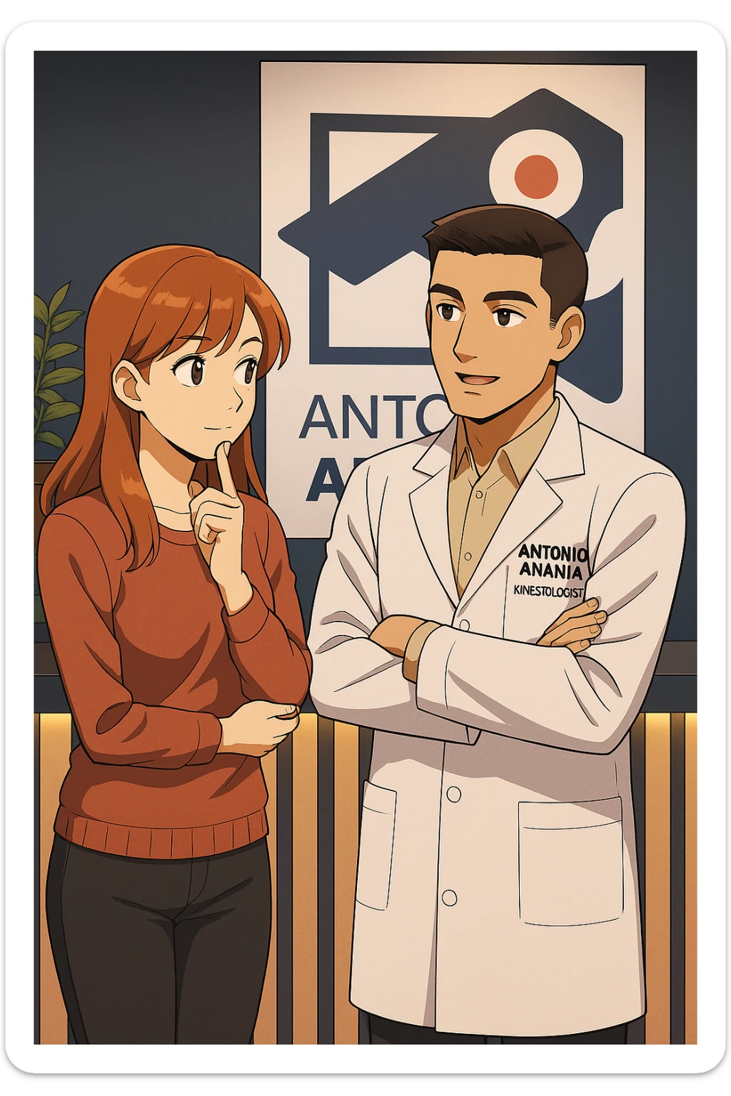 su questo stile fai un manga/webtoon a colori in cui una donna SI TOCCA IL MENTO CON L'INDICE MENTRE ASCOLTA PENSIEROSA L'UOMO, l'uomo della foto in stile manga LE SPIEGA CHE DEVE PROVARE LA SUA VALUTAZIONE MEDICA, mantieni un ambiente simile alla foto che ho allegato con il suo logo (sarebbe il suo studio, lui è un kinesiologo), scrivigli "ANTONIO ANANIA" sul camice bianco, non mettere fumetti, ma fai in modo che sembri che la donna ASCOLTI l'uomo sticker