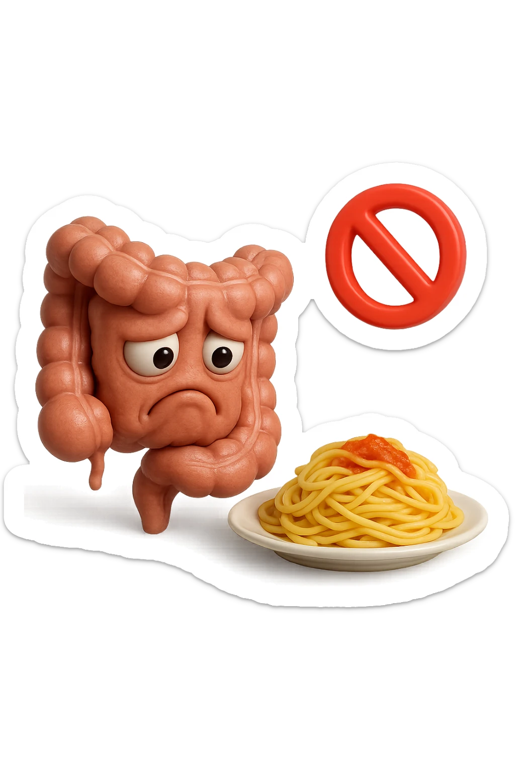 EMOJI STILE IPHONE DI un intestino umano anatomico triste mentre guarda un piatto di pasta con divieto 3d sopra: non la può mangiare, fagli anche la parte bianca degli occhi, non solo le pupille, REALISTICo 4K sticker