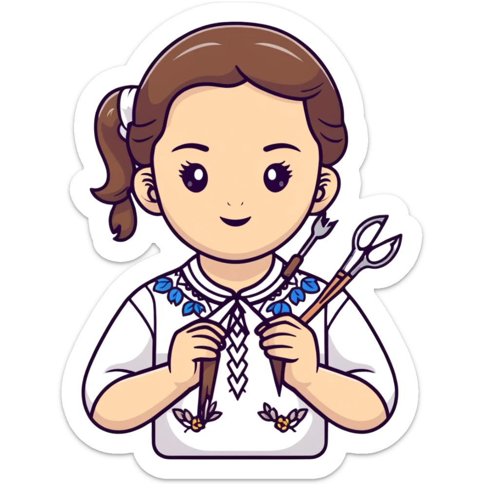 Ukrainian young girl in white embroidered traditional shirt holding needlework tools sticker