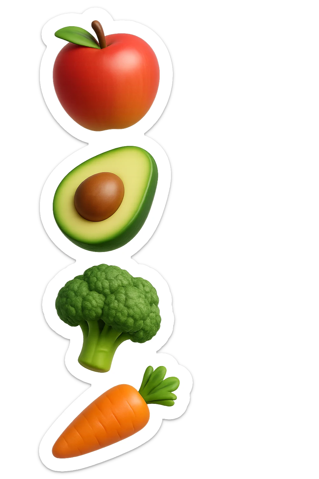 emoji stile iphone in 3d di cibo sano che fluttua in aria vericalmente, iperrealistico 4k sticker