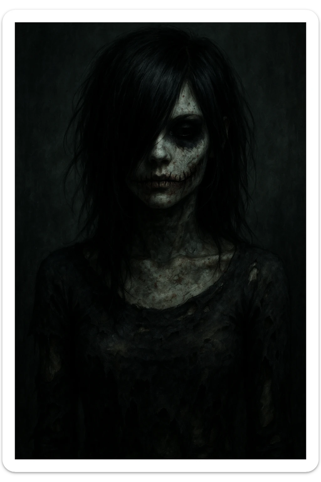 emo girl zombie, black hair covering one eye, stitched mouth, dark makeup, tattered clothes sticker
