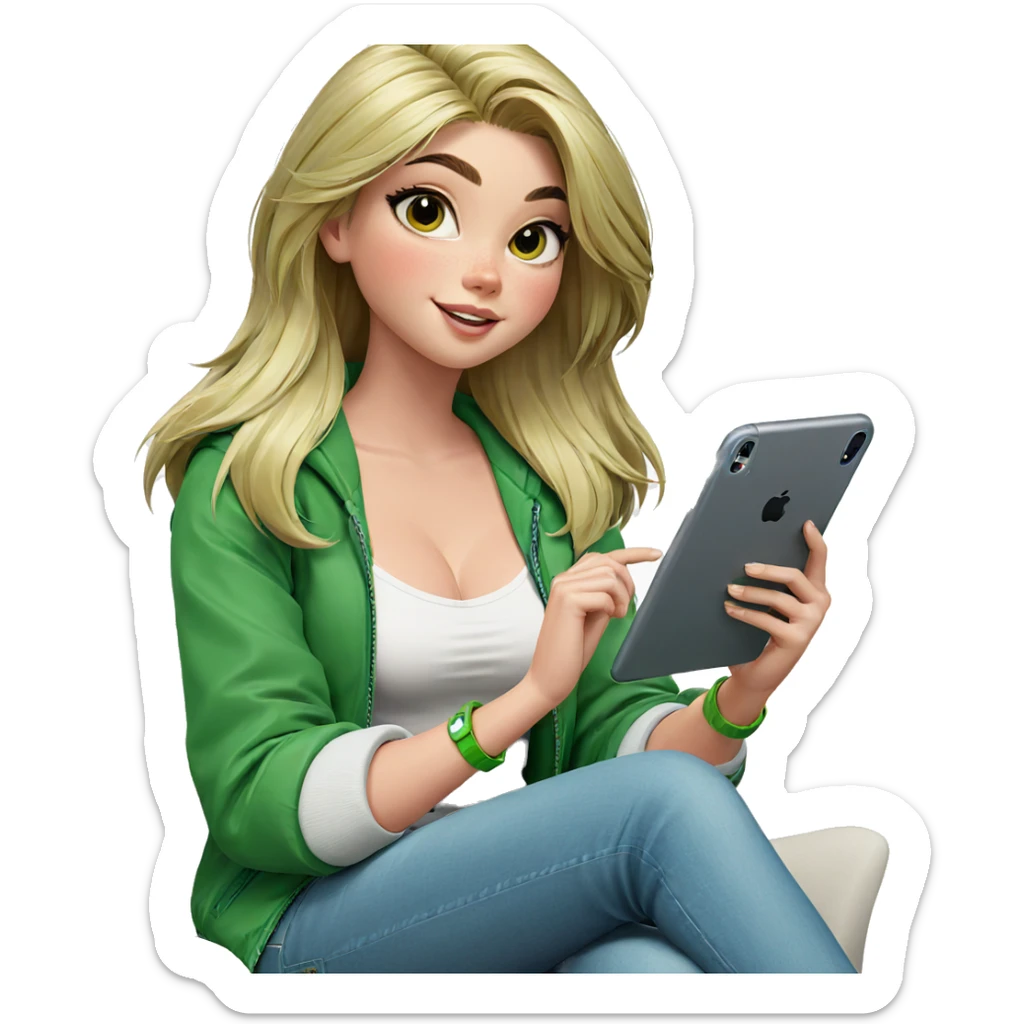 smiling girl in green jacket sticker