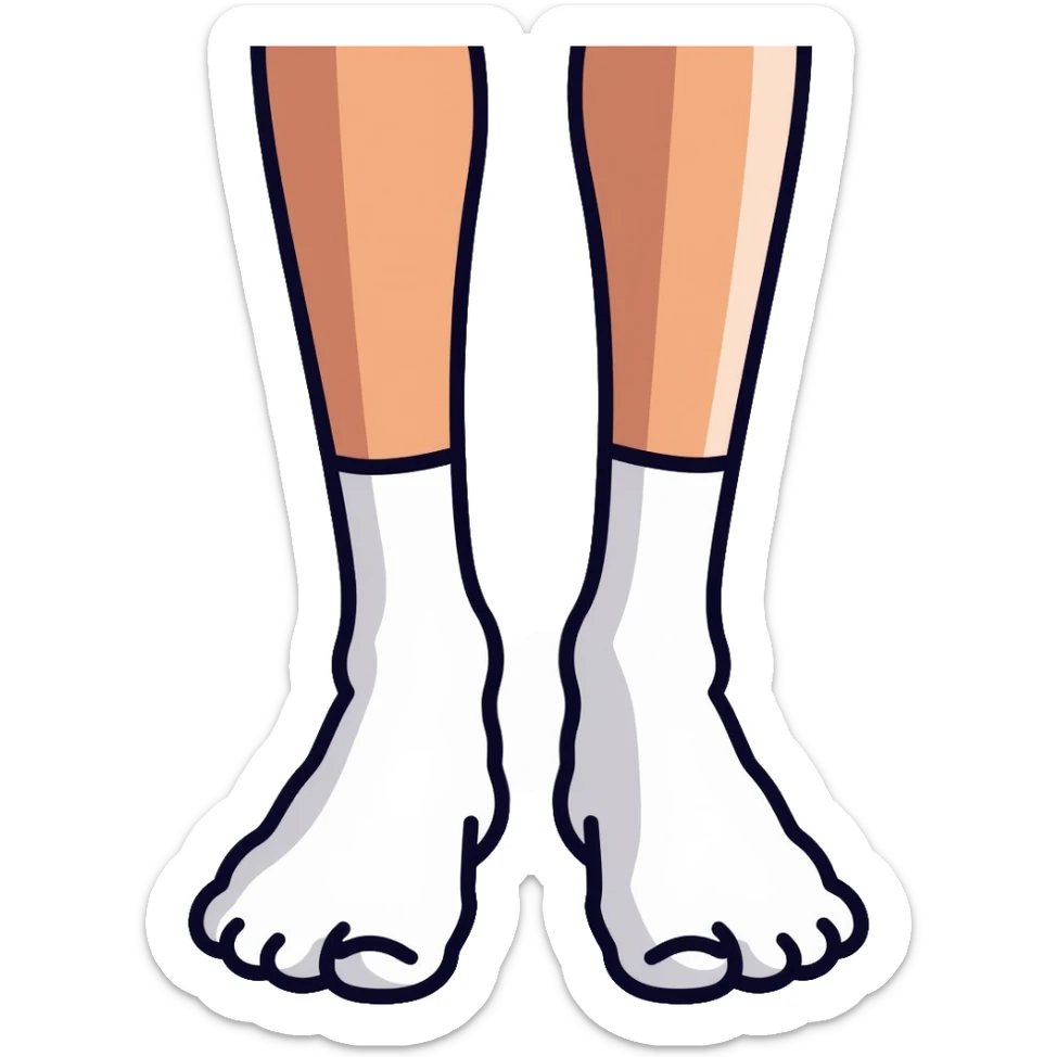 bottom view of feet wearing white athletic socks showing soles with texture pattern sticker
