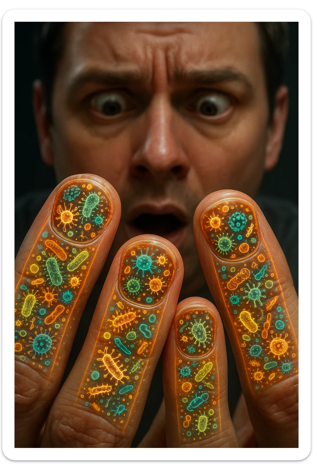 "Close-up macro shot of man's fingernails with transparent overlay showing dense colonies of bacteria, viruses, and parasites thriving in nail beds, millions of pathogens visible as glowing microscopic organisms, expression of shock as he examines his hands under magnification, nail debris containing more germs than toilet water, fingertips becoming mobile germ factories" sticker