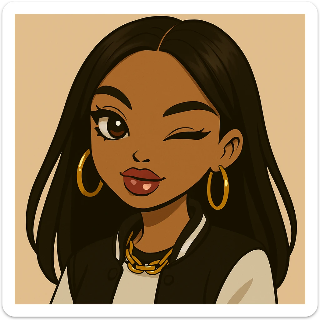 Headshot only of a 20-year-old anime Bratz style woman with dark skin and straight hair. She has a sassy attitude with a confident and playful expression. She wears trendy streetwear, has big expressive eyes, and glossy lips. No hat, no tears. sticker