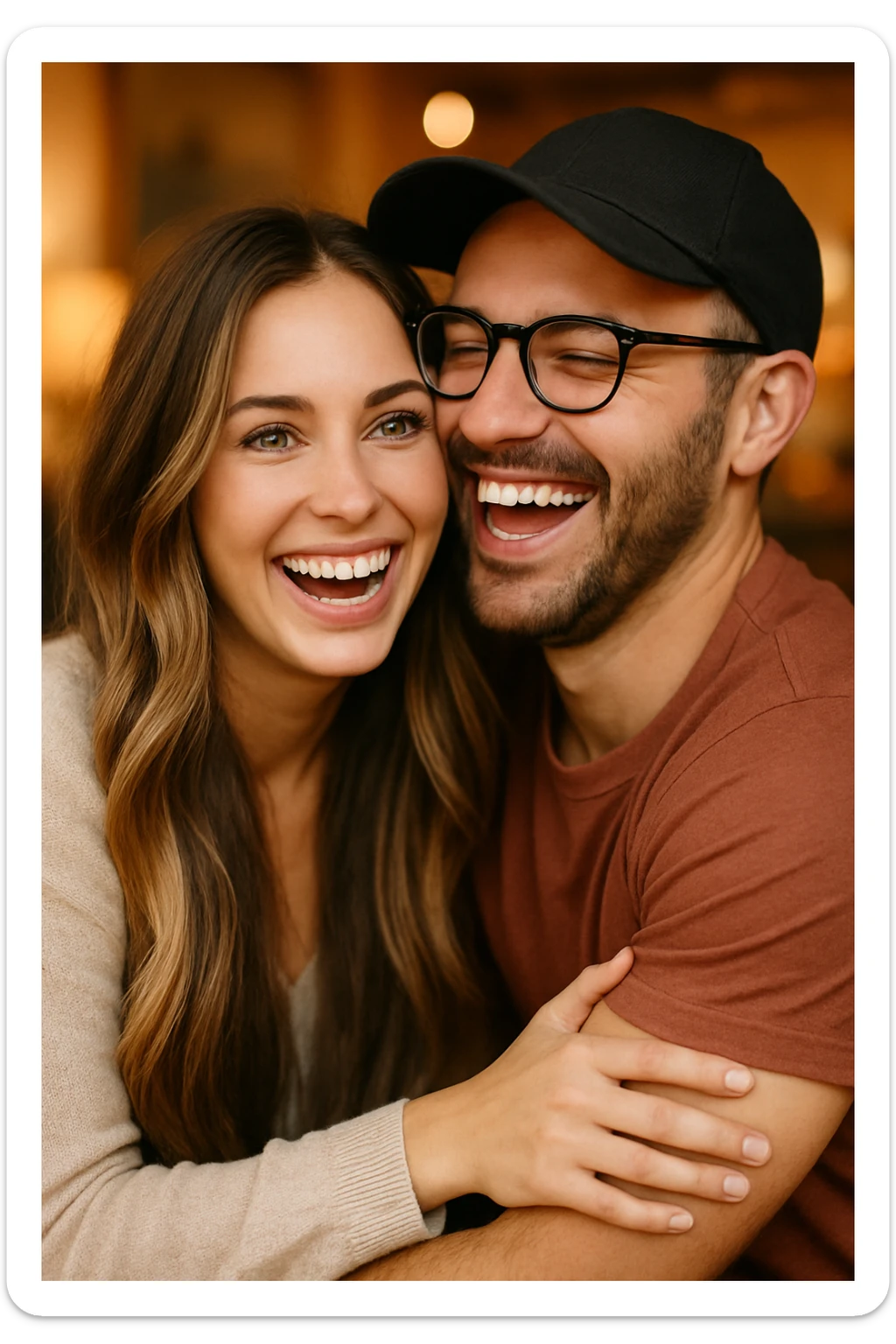 A couple laughing together: the woman has green eyes, very long brown-blonde balayage hair; the man has strong arms, brown eyes, a cap, glasses, very short dark chestnut hair, and light skin. sticker