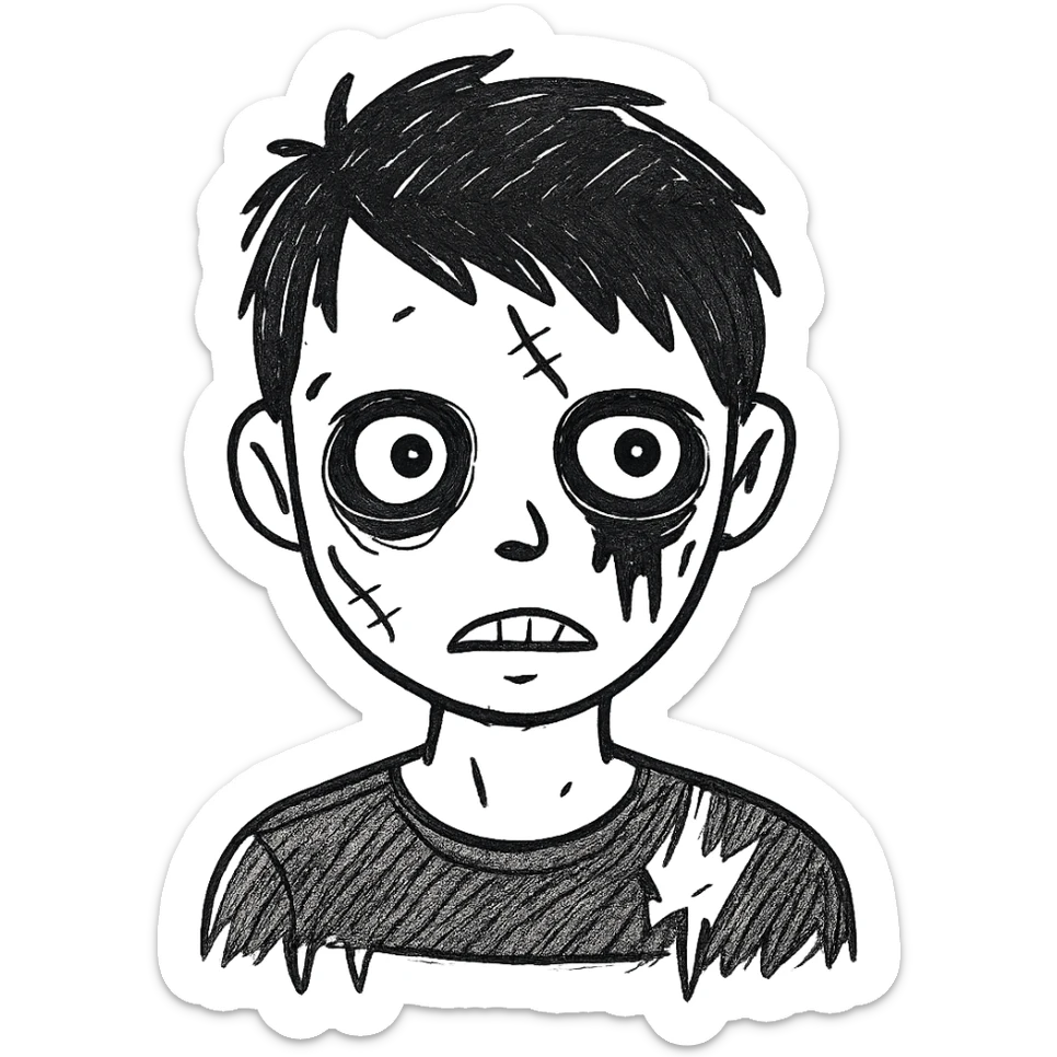 Add more zombie details such as greenish skin, visible stitches, and a scar. Keep the messy black emo hair and black shirt. No background. sticker