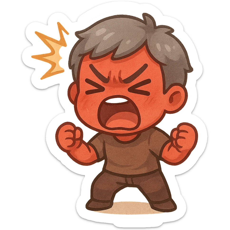 a furious man with red skin and gray hair, shouting, exaggerated anger, cartoon style sticker