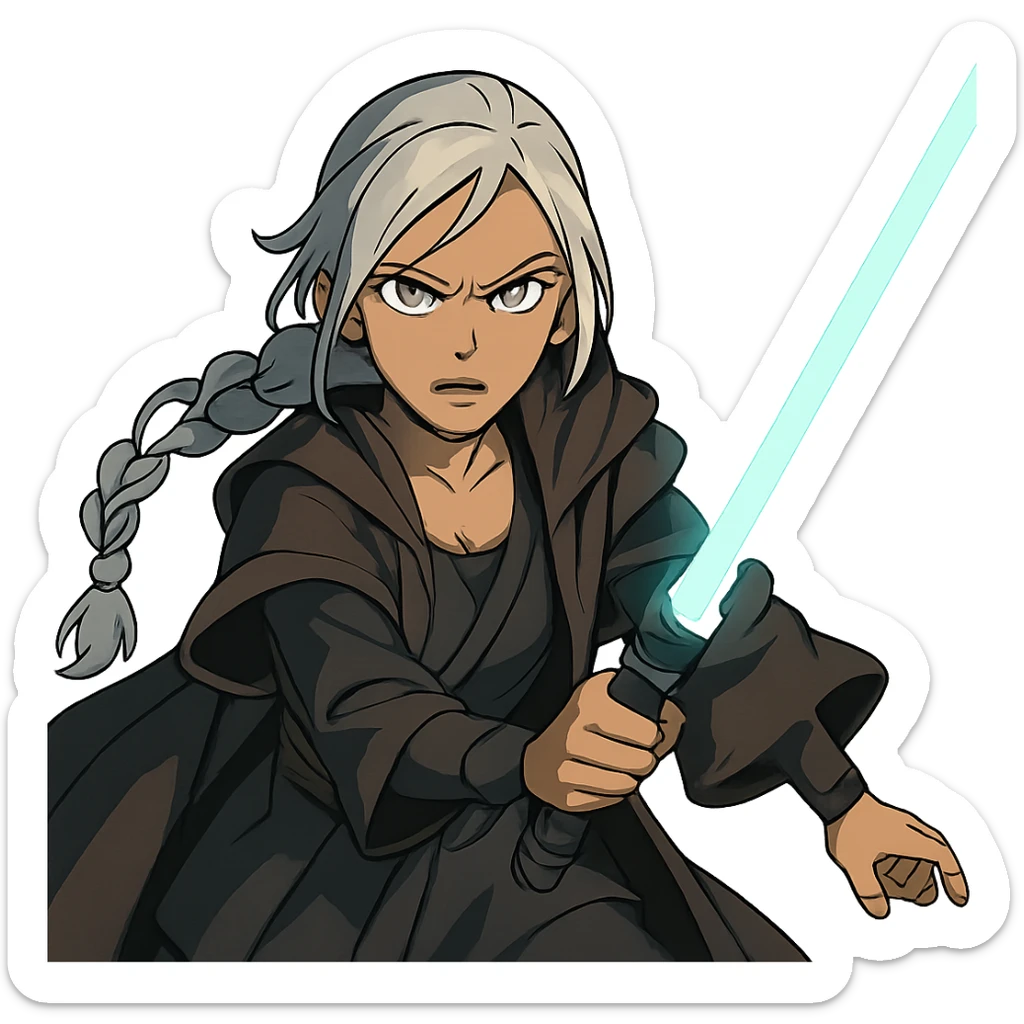  a closeup portrait of young woman with gold yellow eyes, white hair, long braid, black off-shoulder top, punk gothic style, futuristic cyberwave cyberpunk,  jedi attire and posture robes of a padawan, foreweilding a bright blue-green lightsaber, angry fierce face expression, power stance, wide angle shot sticker