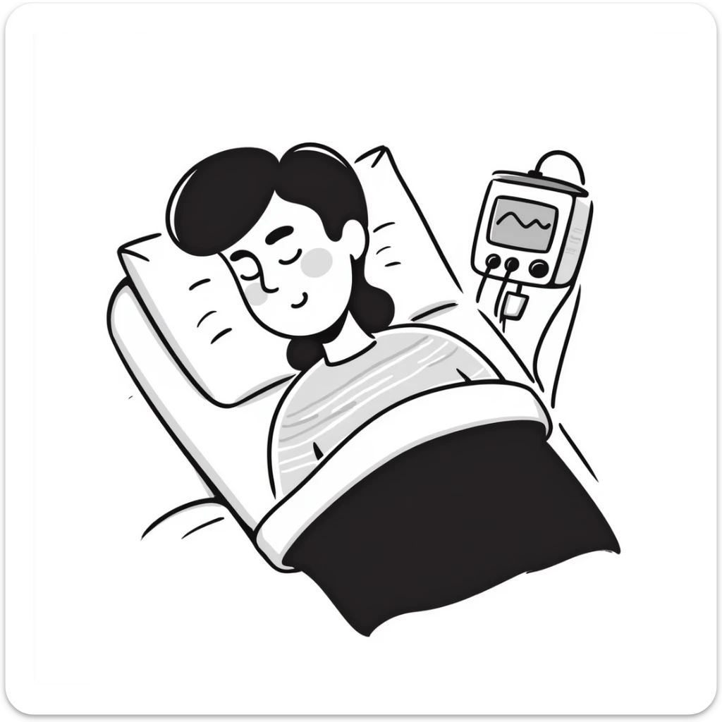 patient sleeping in bed with EEG electrodes, pulse oximeter, and other sensors for polysomnography sleep study sticker