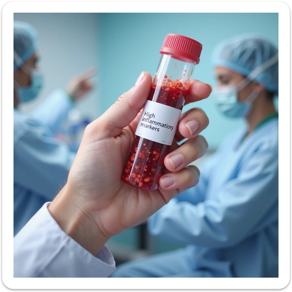 realistic illustration of hand holding test tube with blood, label 'high inflammatory markers', clinical atmosphere, laboratory background sticker