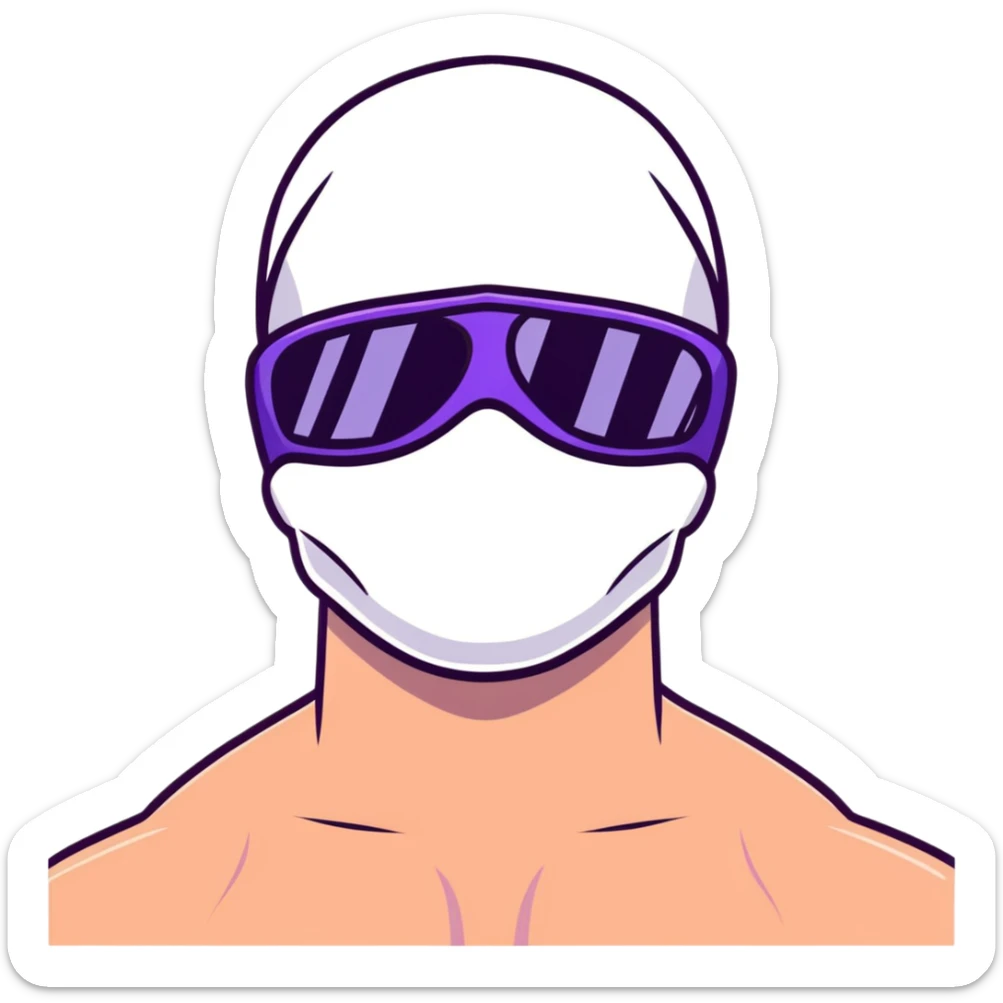 shirtless athletic man with white skin, wearing a purple balaclava face mask and purple sunglasses with black tinted lenses sticker