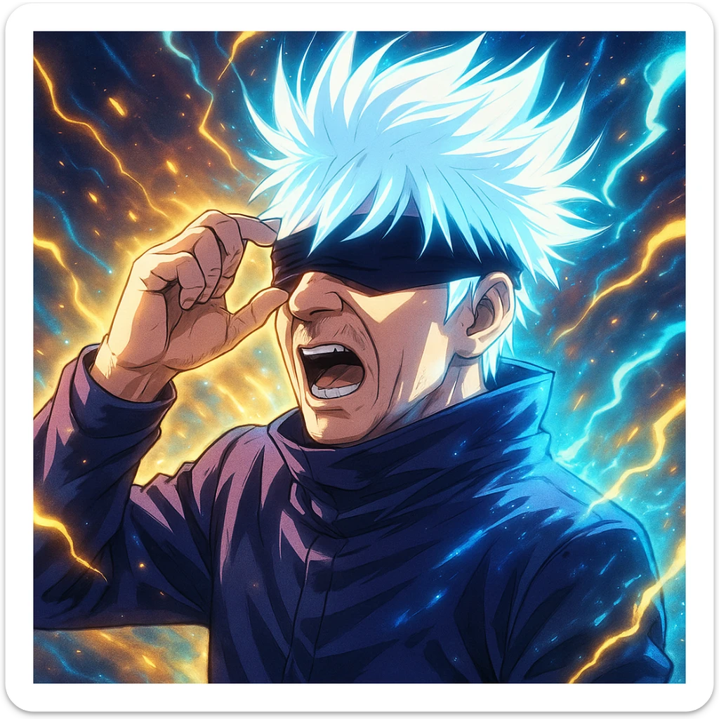 Moment of Recep Tayyip Erdoğan's transformation into Gojo Satoru, bright effects, anime style, eye band and white hair highlighted sticker