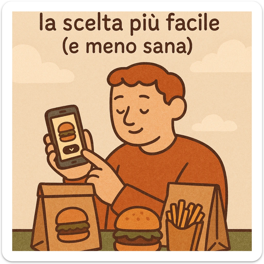 Uomo che ordina cibo tramite app sullo smartphone, sul tavolo sacchetti di hamburger e patatine, testo in italiano: “Cibo a domicilio: la scelta più facile (e meno sana)”. sticker