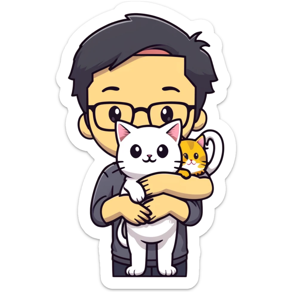 Young man with warm yellow-toned skin, long face, black back-length hair, large eyes, thin-rimmed square glasses, smiling gently while holding a grayish-white Munchkin cat with short legs and a gray patch under its mouth sticker