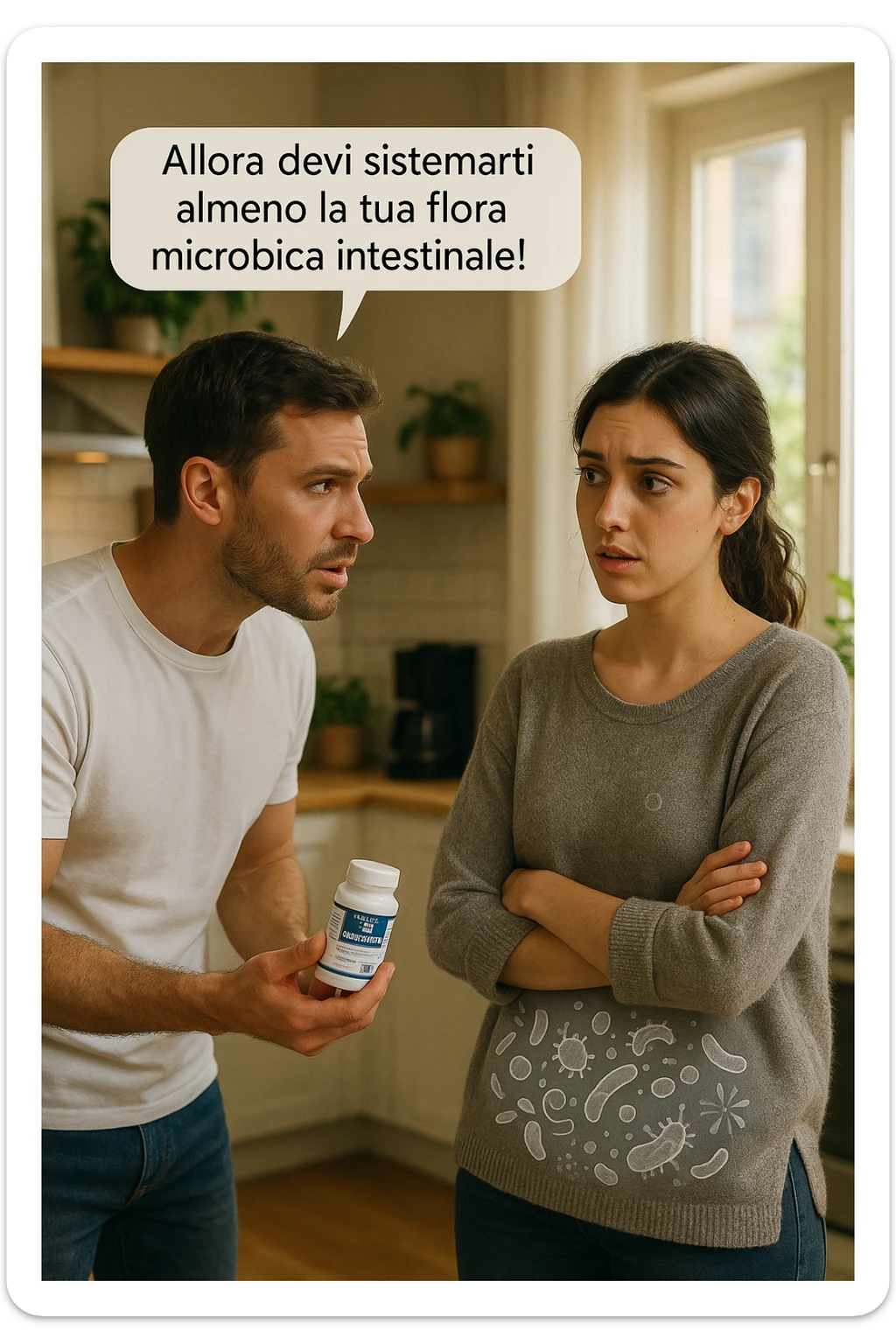 A hyper-realistic, cinematic photo of a young couple in their early 30s having a tense but calmer discussion in a bright modern kitchen. The man, fit, wearing a plain white T-shirt, holds a small probiotic supplement bottle in one hand, leaning slightly forward with a concerned yet firm expression, saying: 'Allora devi sistemarti almeno la tua flora microbica intestinale!' The woman, with dark hair in a loose ponytail, wearing a comfortable home sweater, stands with arms partially crossed, looking at him with a doubtful and confused expression, eyebrows slightly raised, lips parted as if about to respond but uncertain. Around them, faint translucent overlays of microscopic gut flora and bacteria symbols swirl softly near the woman’s abdomen, symbolizing the issue of her imbalanced gut microbiome. The kitchen is bathed in warm natural light, with green plants adding a sense of health and life, while the couple remains in sharp focus. The color palette is warm, with soft shadows and shallow depth of field highlighting the emotional tension yet care in the conversation, visually representing the discussion about gut health within the relationship sticker