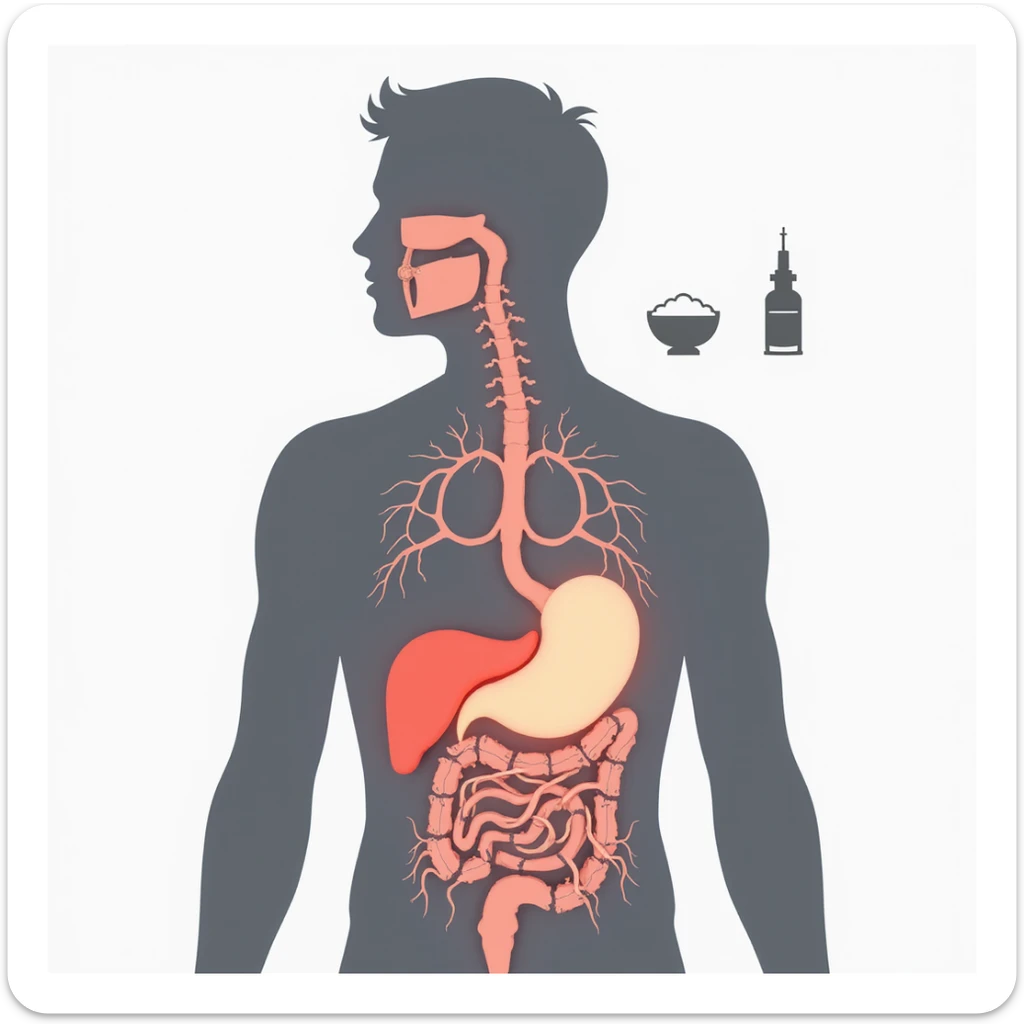 realistic illustration of a silhouette of a person with highlighted areas on pancreas and blood vessels, symbols of sugar and insulin, Italian text 'Diabete di tipo 2: attenzione alla salute', 4K quality sticker