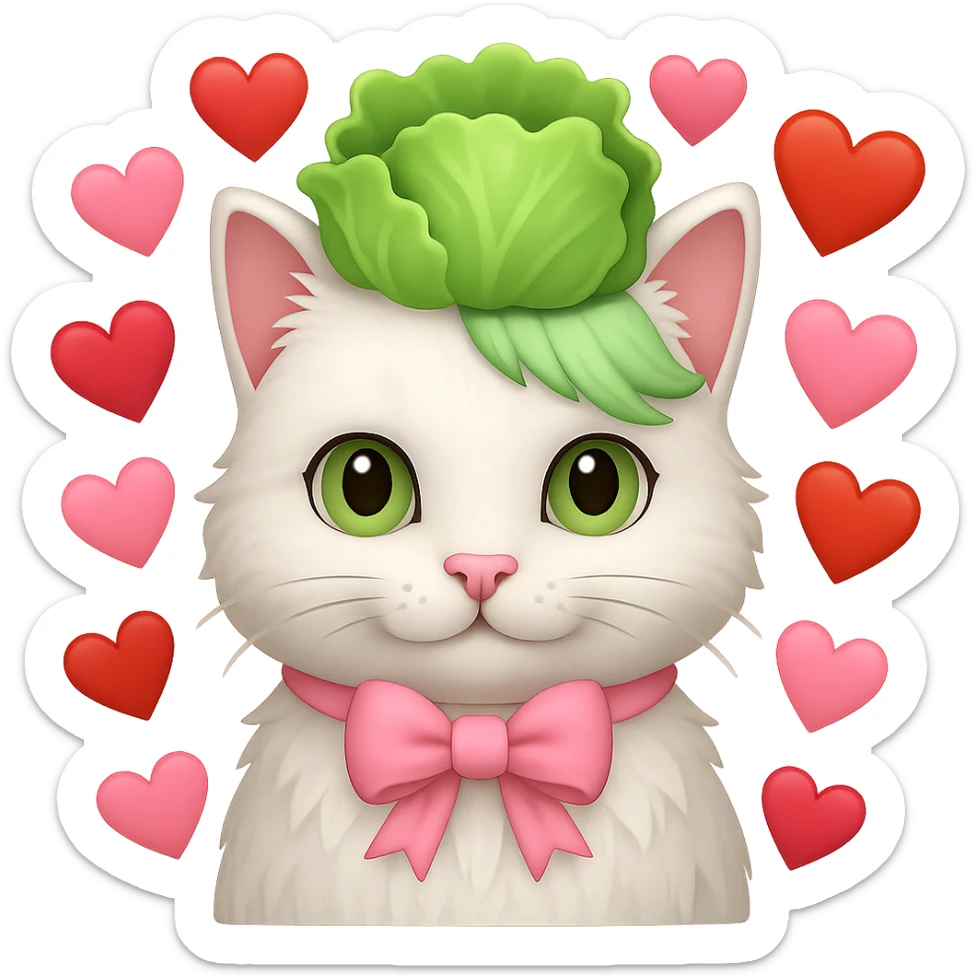 Add hearts around a white cat with a pink bow and a green lettuce crown in emoji style, no background. sticker