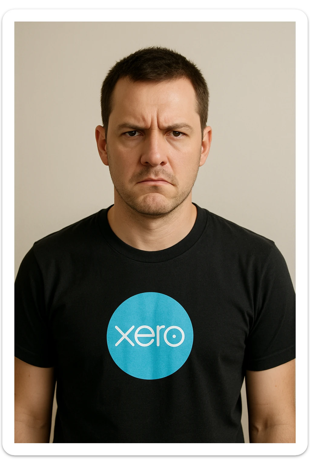 man, short brown hair, Xero logo t-shirt, not amused, minimal background sticker