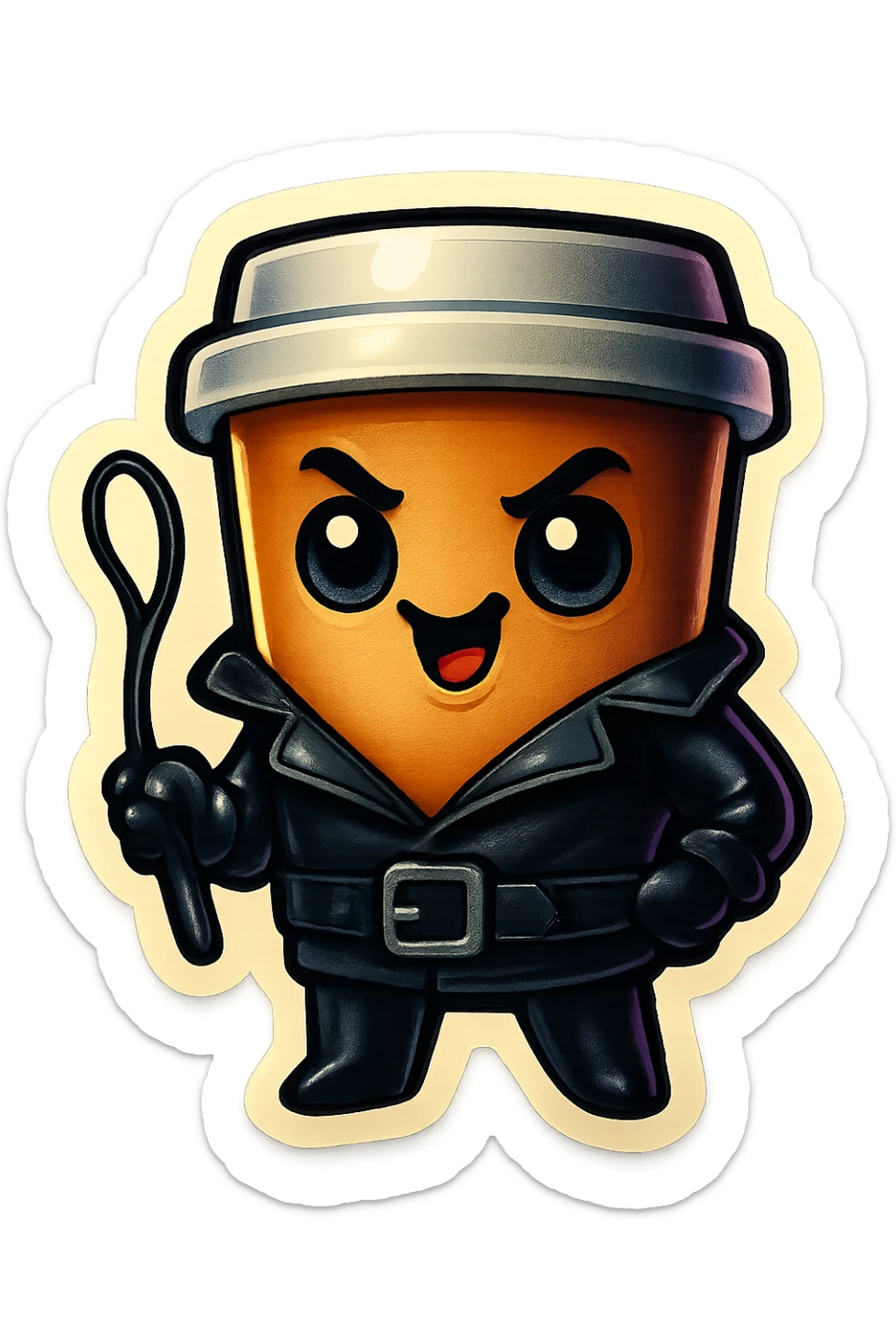 Tall coffee cup, dressed in leather holding a whipping crop, mischevious, sticker