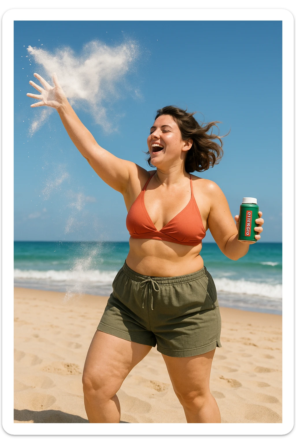 Donna in spiaggia che butta il borotalco italiano, la donna è intorno ai 66kg sticker