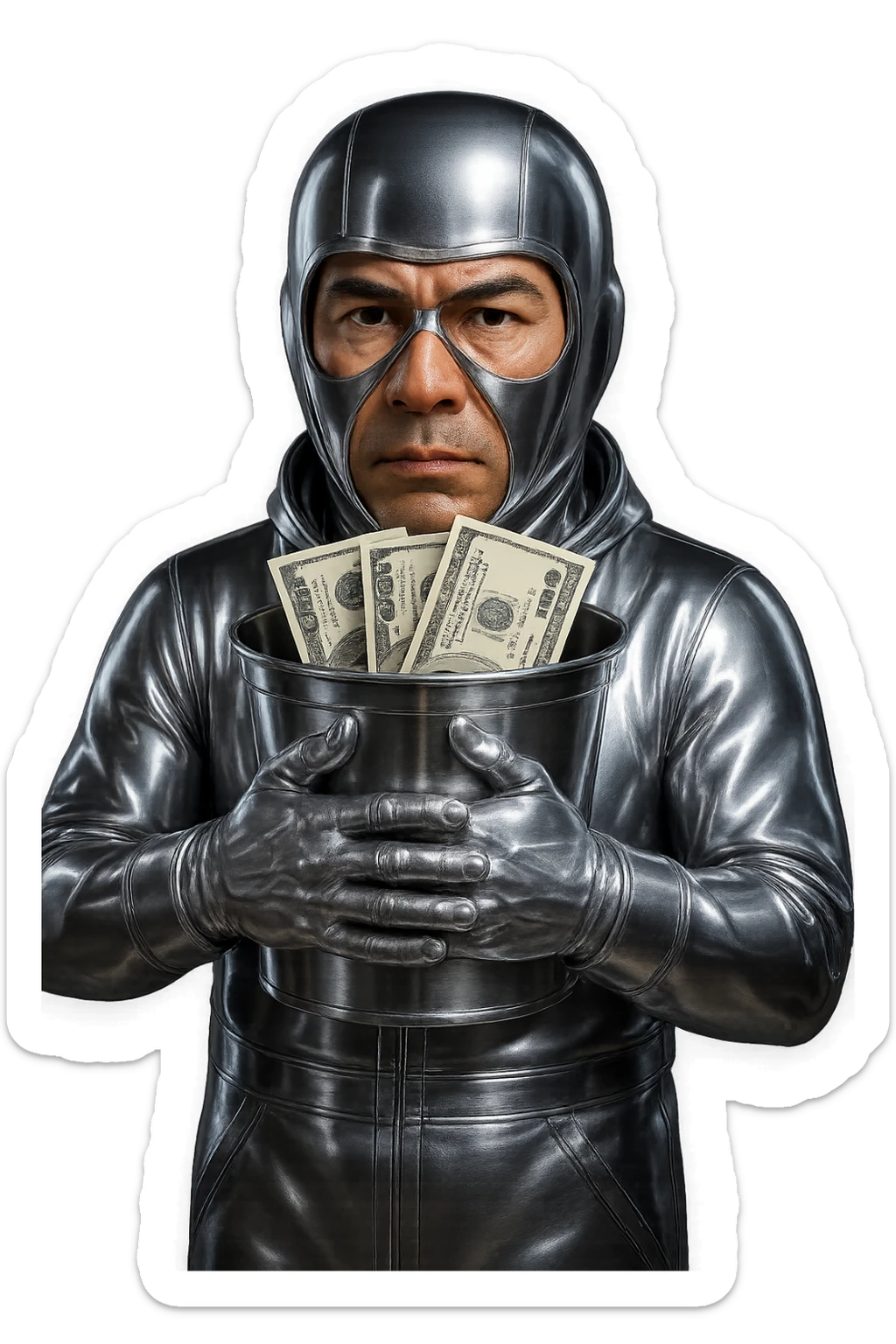 Keep the character's skin color and face natural, keep the suit, helmet, and goggles chrome, and make the dollar bills look realistic with authentic US currency details and textures. The background should remain transparent. sticker