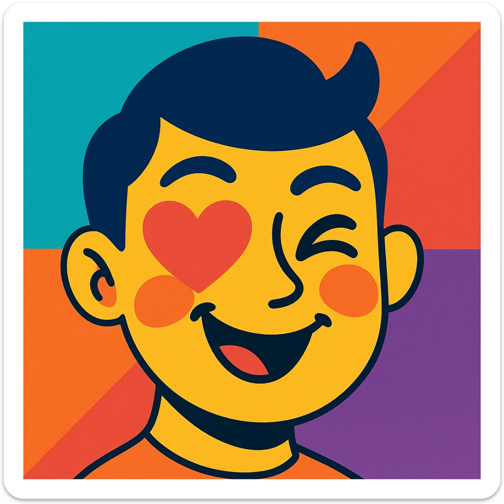 Add heart eyes to the vibrant toon style face with raised eyebrows, playful wink, blushing. sticker
