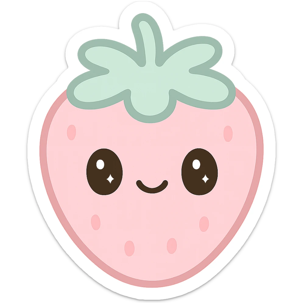 kawaii style strawberry, happy face, pastel pink and green, sparkling eyes, playful and cute sticker