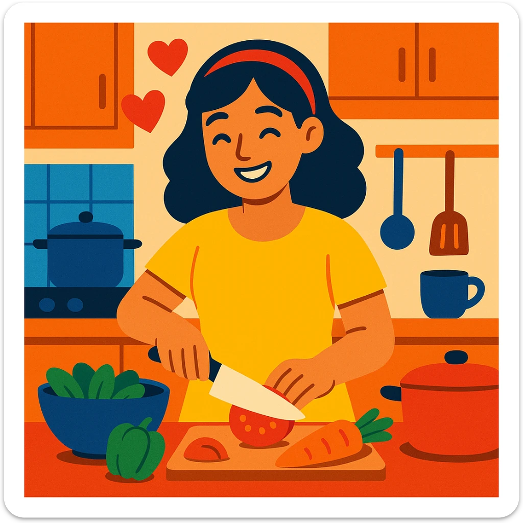 a smiling girl preparing a meal, heart symbols to show love, everyday kitchen setting sticker