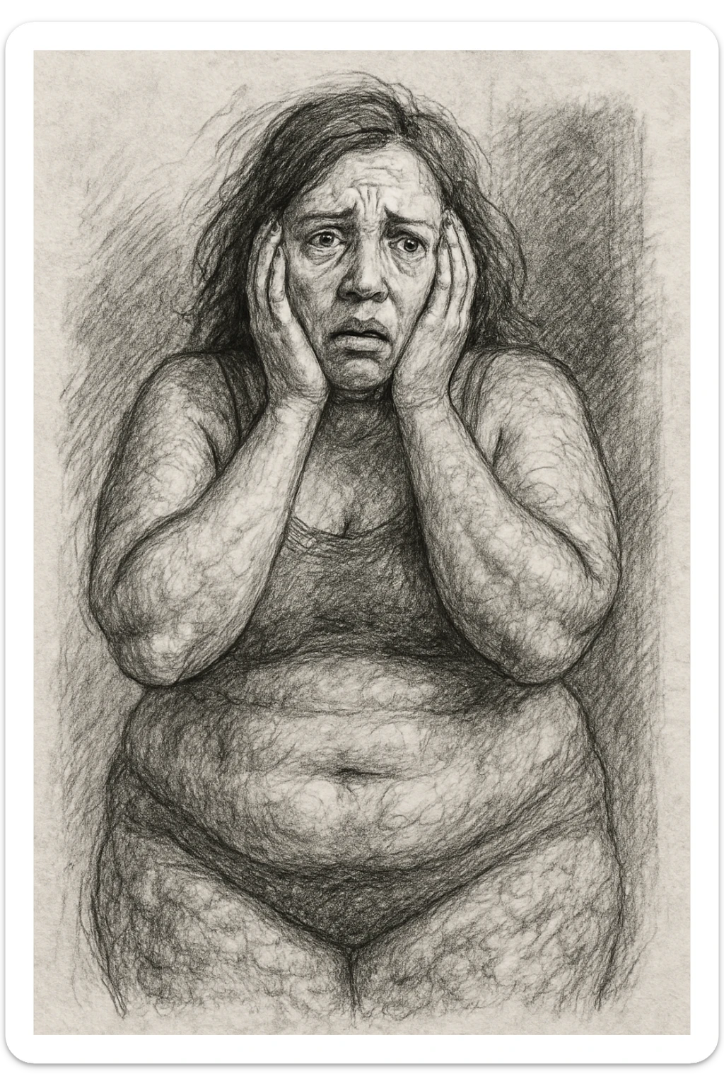 pencil sketch style drawing of a woman with a lot of cellulite, visibly desperate and tired of her condition, face visible with a marked expression of despair and fatigue, white background sticker