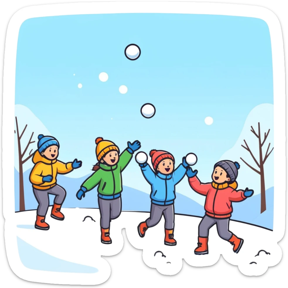 kids playing a snowball fight outdoors, energetic, winter clothing sticker