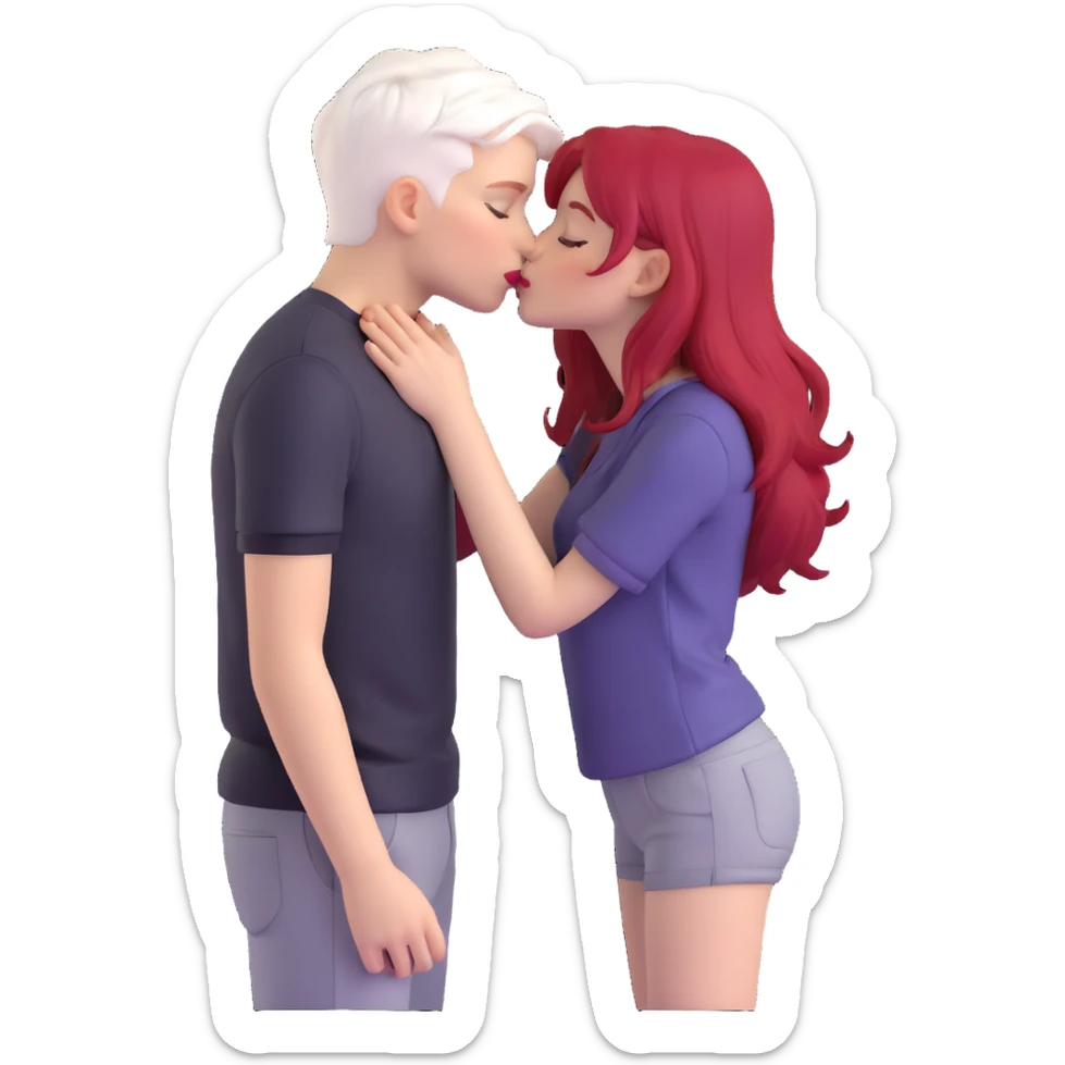 couple kissing, boy with PAPER WHITE SHORT HAIR (completely white), dark shirt, girl with long cherry red hair, light clothes sticker
