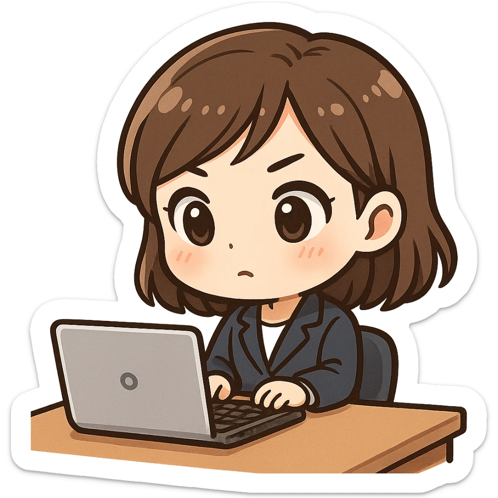 chibi cute Asian woman with brown hair, intently working at her desk, with a keyboard and a laptop sticker