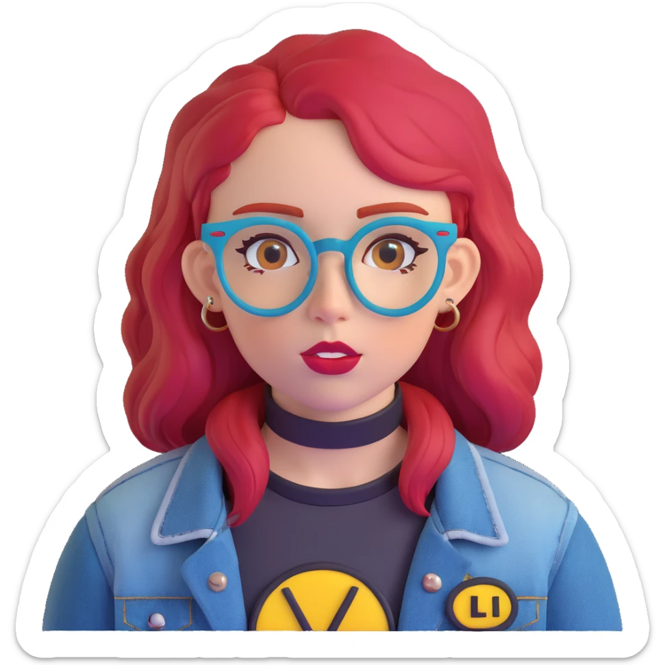 young woman with bright red hair, blue glasses, black choker, septum ring, denim jacket, yellow-red 'LIB' patch, neutral cute expression sticker